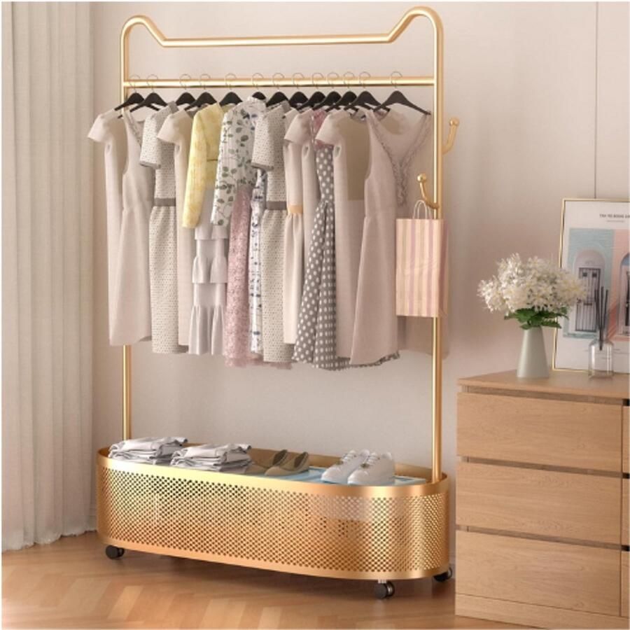 BOG Metalen Kledingrek Met Opbergplank Voor Hangen Van Kleding Jassen Rokken Overhemden Truien Zwart En Goud