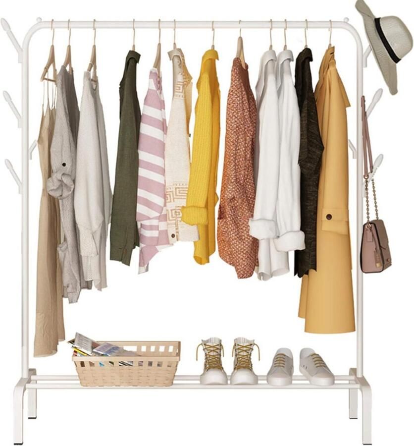 BOG Metalen Kledingrek Vrijstaand Droogrek Voor Kleding Met Opbergrek Onder Voor Schoenen Of Dozen Inclusief Zijhaken Voor Slaapkamer Wit