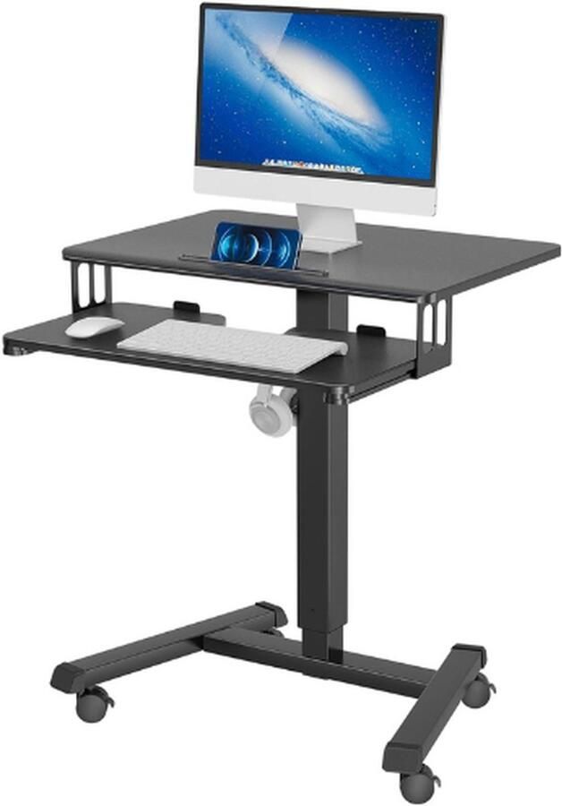 BOG Mobiel Bureau Met 4 Wielen In Hoogte Verstelbaar Werkstation 65x45 Cm Laptoptafel Met Toetsenbordplank Ergonomische Statafel Voor Woonkamer En Slaapkamer