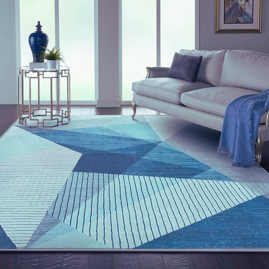 BOG Modern Abstract Geometrisch Vloerkleed Blauwgrijs Antislip Laagpolig Tapijt Voor Woonkamer En Slaapkamer (200 x 300 cm)
