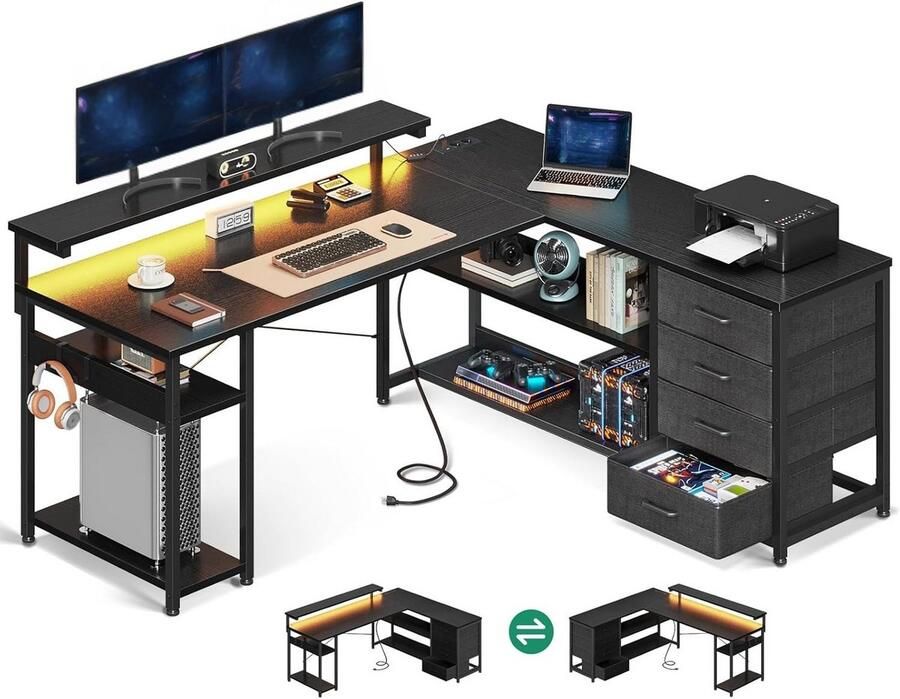 BOG Modern L-Vormig Hoekbureau Met Laden En LED – Omkeerbaar Bureau Met Stopcontacten & USB-Poorten – 135x110 Cm – Zwart – Perfect Voor Thuiswerken