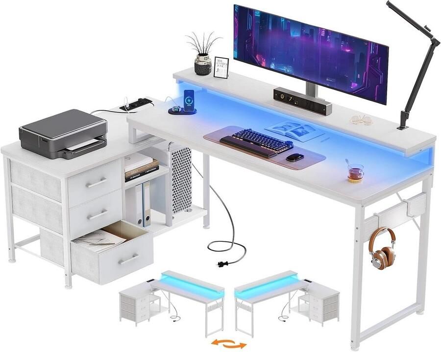 BOG Modern L-Vormig Hoekbureau Met LED Verlichting- USB & Stopcontact – Inclusief Laden- Opbergkast & Monitorstandaard – 174x100Cm – Wit