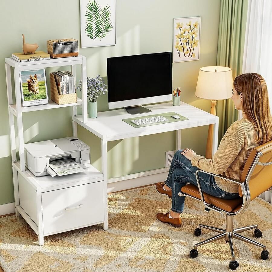 BOG Multifunctioneel Gaming Bureau 150 Cm – Omkeerbaar Design Met Lade- Printerplank- Monitorstandaard & Haken – Wit