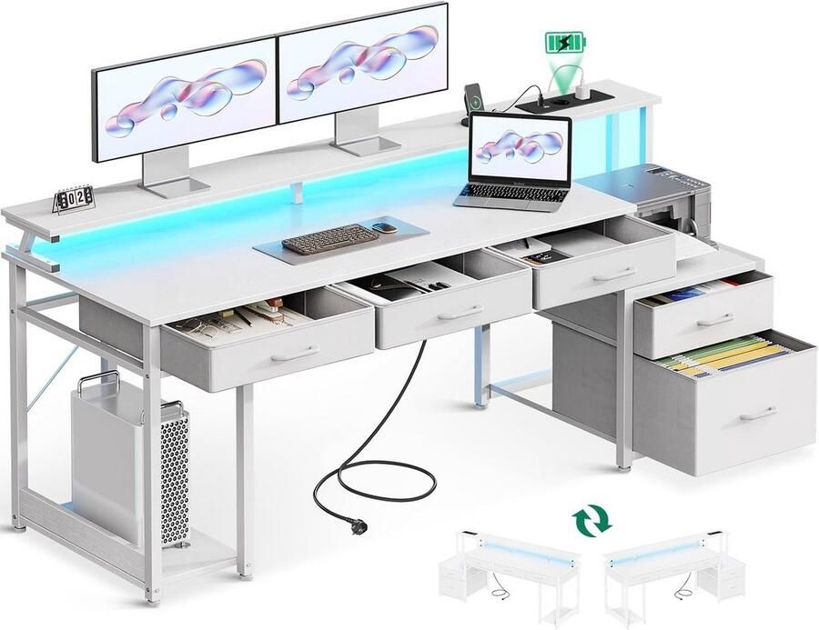 BOG Multifunctioneel Wit Bureau 160x48 Cm – Gamingtafel Met LED-Verlichting- Lade En Stopcontacten Voor Kantoor En Thuis