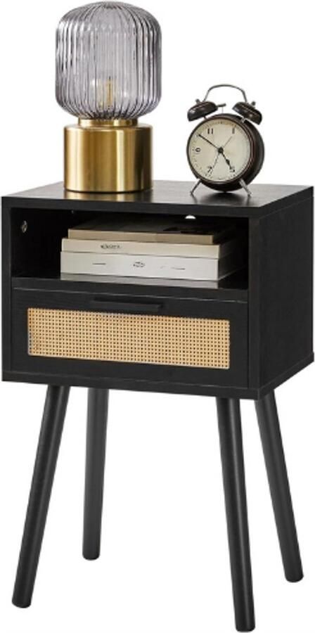 BOG Nachtkastje Rattan Boho Bijzettafel Met Lade Open Plank Houten Accent Voor Slaapkamer Woonkamer Kleine Ruimtes Zwart