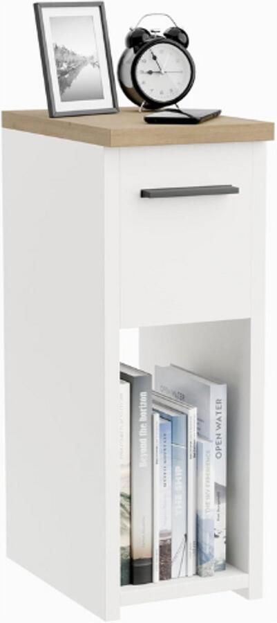 BOG Nachtkastje Smal Nachtkastje Met Lade En Handgreep Bedtafel Met Opbergplank Wit Eiken 20x55x30.5 cm
