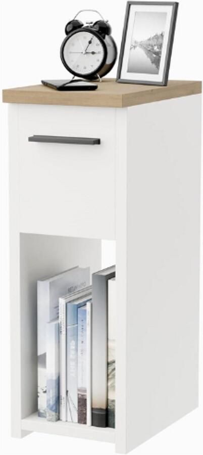 BOG Nachtkastje Smal Nachtkastje Met Lade En Handvat Smalle Bijzettafel Met Opbergplank Wit Eiken