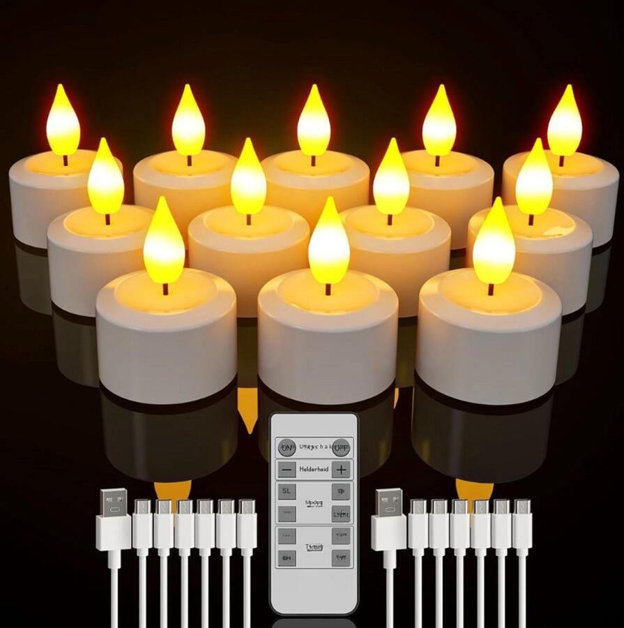 BOG Oplaadbare Led Theelichtjes Met Afstandsbediening Set Van 12 Vlamloze Elektrische Kaarsjes Met Timerfunctie Inclusief Usb C Oplaadkabels Voor Tafel Kamer Halloween En Kerstdecoratie