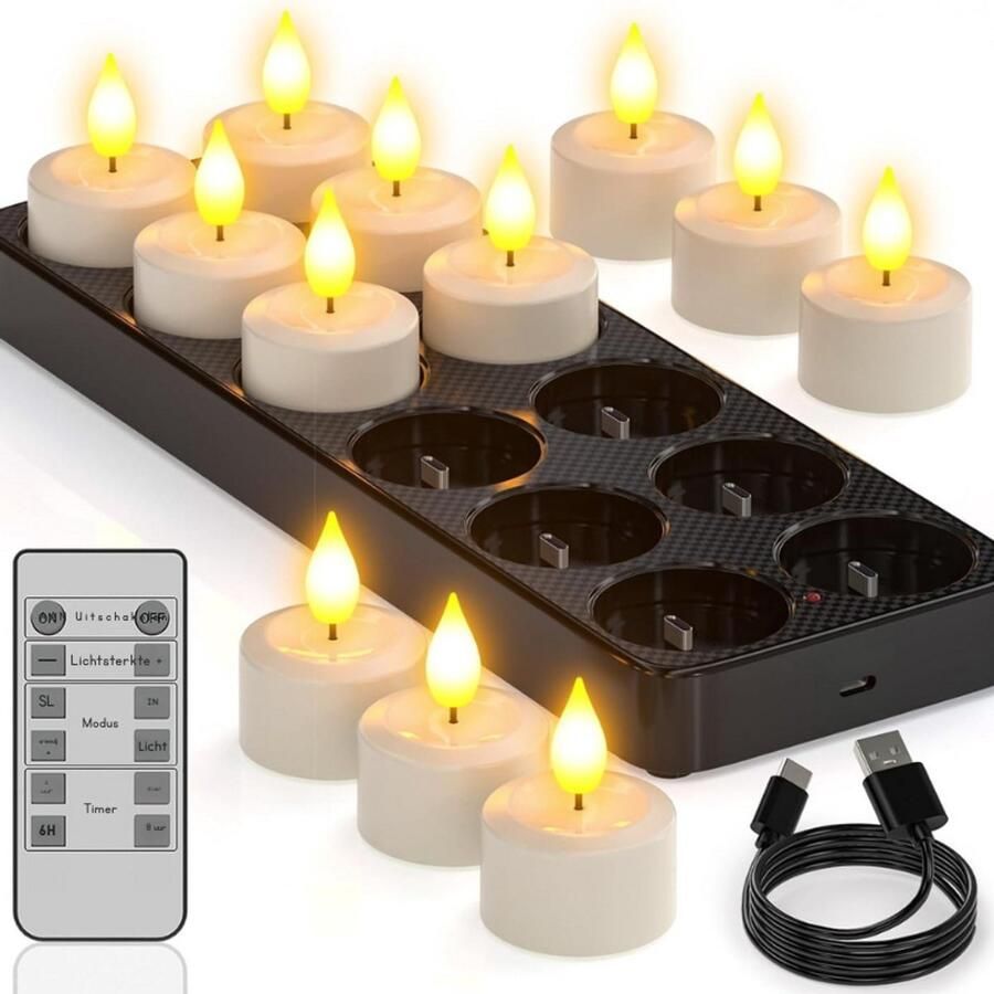 BOG Oplaadbare Theelichtjes Met Timerfunctie 12 Led-Theelichtjes Flikkerende Kaarsen Met Afstandsbediening Voor Kamer Woonkamer Halloween Kerstmis Tafel Feestdecoratie