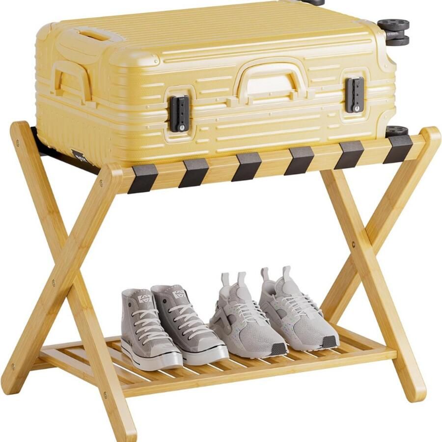 BOG Opvouwbaar Bamboe Bagagerek Met Opbergplank Kofferstandaard Voor Logeerkamer Slaapkamer Hotel Heavy Duty Naturel En Zwart