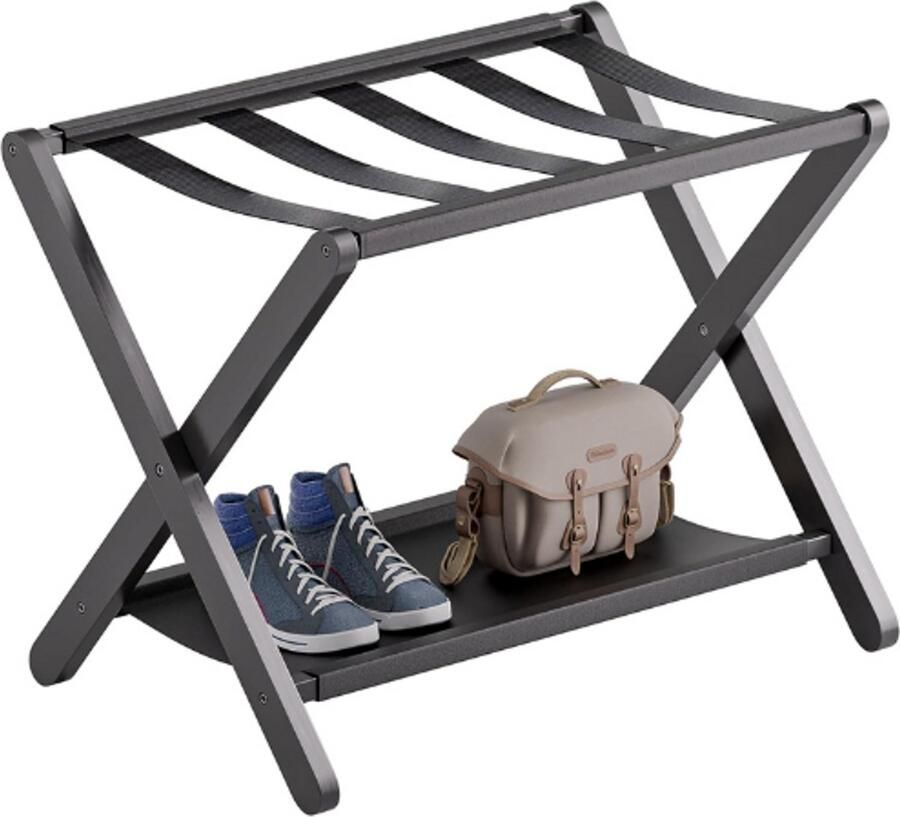 BOG Opvouwbare Bagagerek Kofferstandaard Met Opbergplank Premium Bamboe Kofferhouder Voor Gastenkamer Slaapkamer Hotel Kast Draagt Tot 61kg Zwart