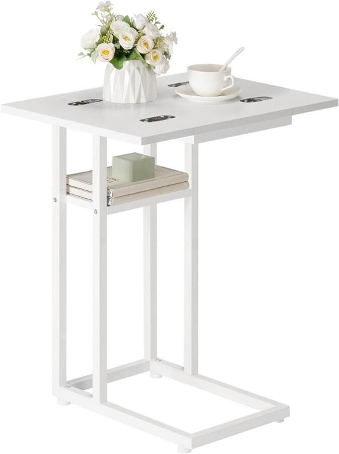 BOG Opvouwbare C-Vormige Bijzettafel Met Opbergplank Kleine Snacktafel Voor Woonkamer En Slaapkamer Ruimtebesparende Bijzettafel Voor Kleine Ruimtes Eenvoudig Te Monteren Wit
