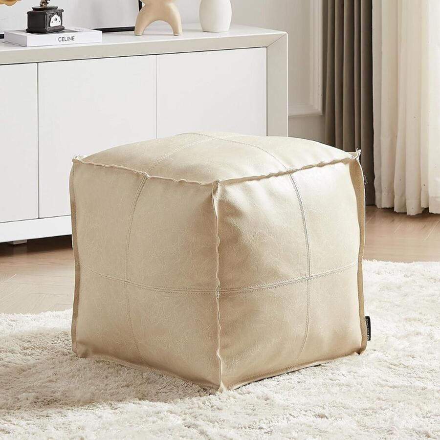 BOG Ottomaanse Poef Hoes – Handgemaakt – Outdoor Poef – Faux PU Leer – Marokkaans Design – Ongevuld – Vierkant 45 cm – Beige – Voor Woonkamer – Balkon – Kantoor – Buiten – Ideaal Cadeau