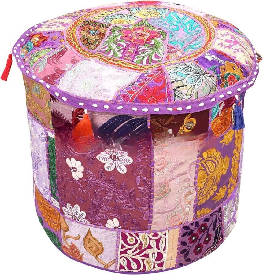 BOG Ottomaanse Poefhoes Paarse Patchwork Poef Cover Indiase Geborduurde Voetenbankhoes Traditionele Ronde Katoenen Poefhoes Etnisch Design