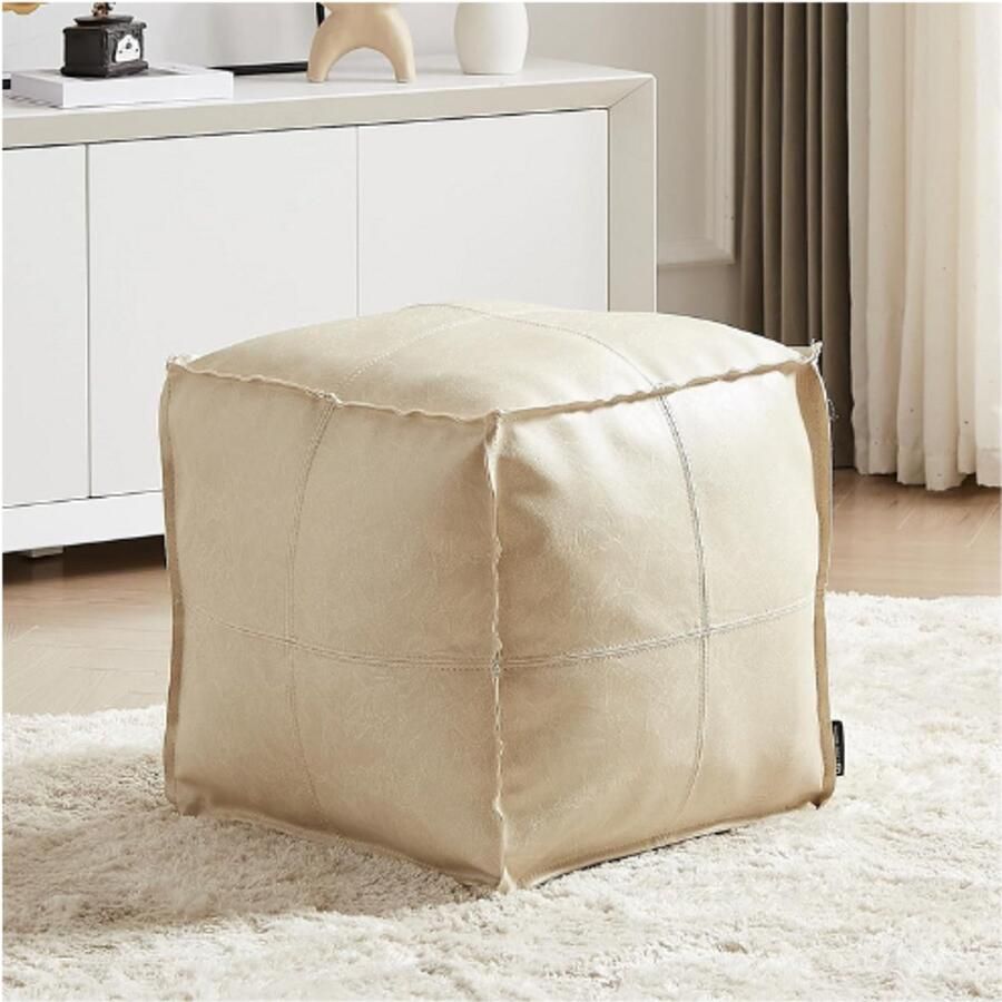 BOG Ottoman Hoes Handgemaakt Vierkante Poefhoes 45x45 cm Beige Kunstleer Marokkaanse Stijl Voor Woonkamer Balkon Kantoor Buiten