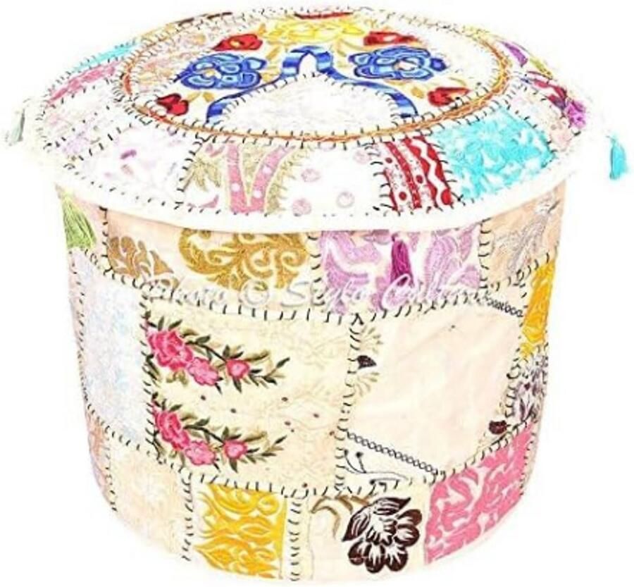 BOG Ottoman Poef Voetenbank Hoes Grote Witte Indiase Geborduurde Patchwork Katoenen Traditionele Ronde Stoffen Poef Hoes 55cm Alleen Hoes