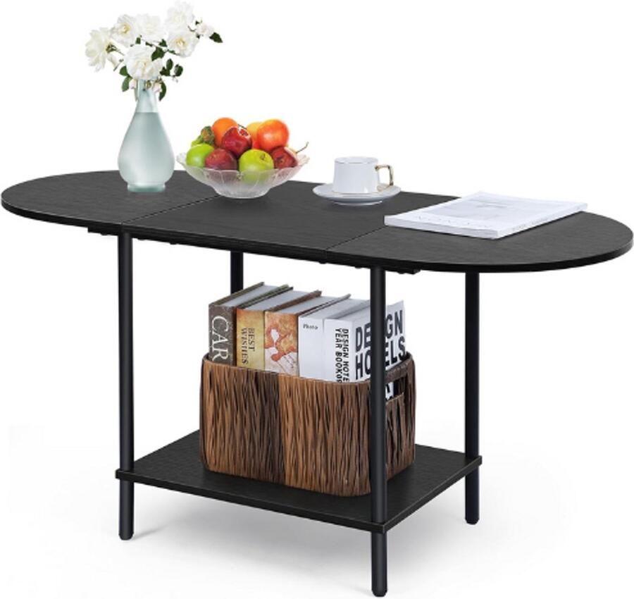 BOG Ovale Salontafel Voor Woonkamer Houten Bijzettafel Met 2 Lagen En Opbergrek Zwart