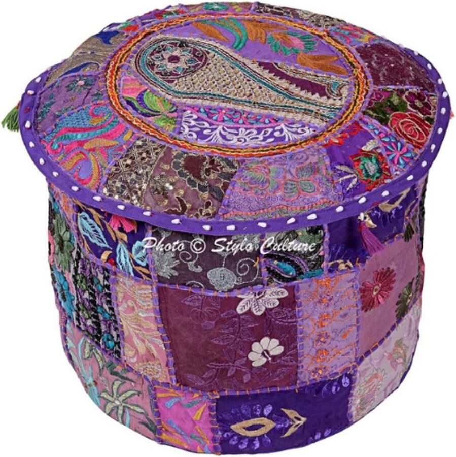 BOG Patchwork Poefhoes Paars Geborduurde Ottomaanse Kruk Cover Katoen Bloemen Decoratie Vloerkussen Ottoman Meubelhoes Alleen Hoes