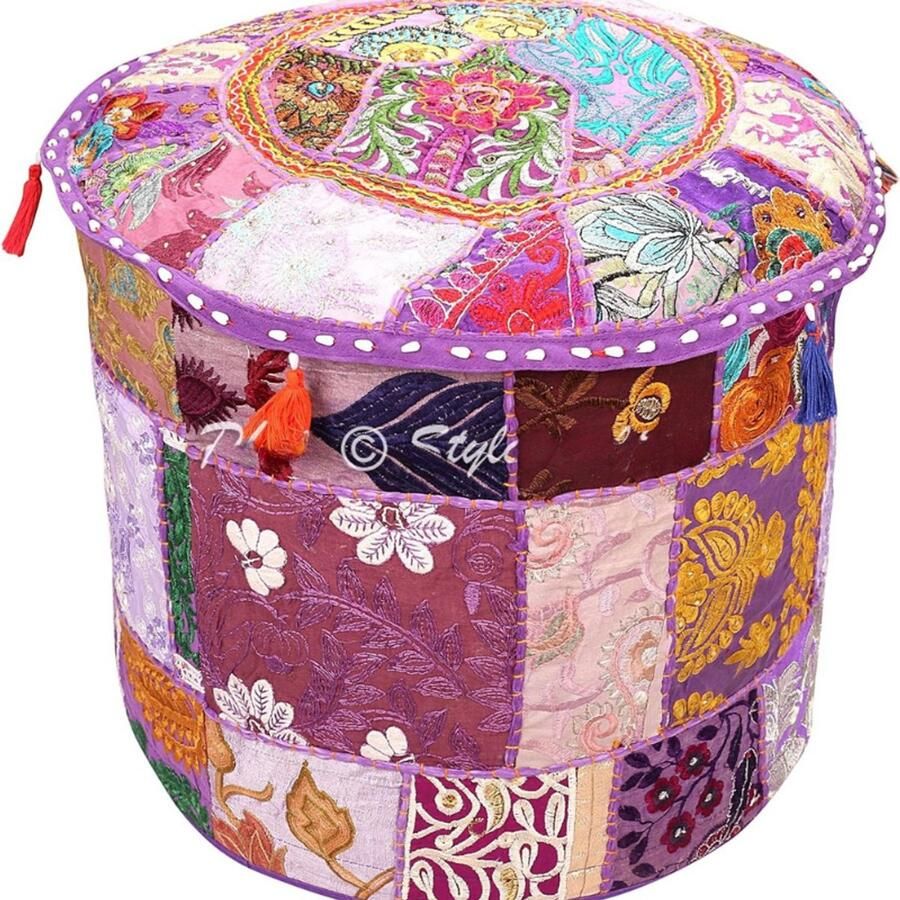 BOG Poefhoes Rond Vintage Paarse Indiase Patchwork Ottomaan Hoes Geborduurd Katoen Traditioneel Stoffen Voetenbankhoes 45cm (18x18x13 Inch) Zonder Vulling