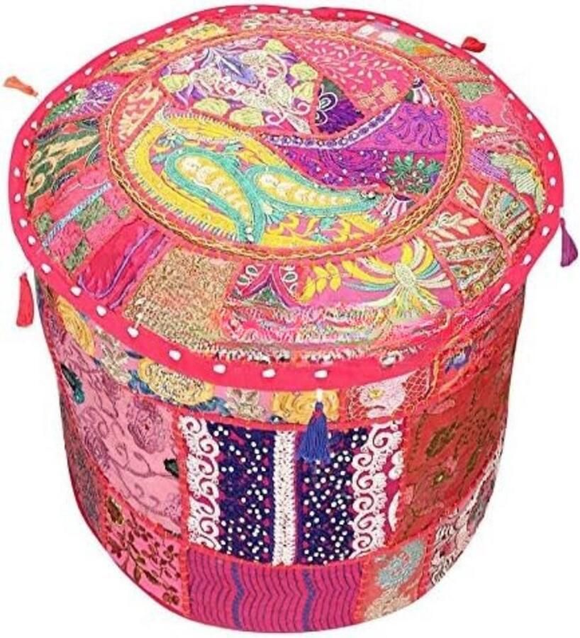 BOG Poefhoes Roze Vintage Patchwork Ronde Ottomaanse Poef Cover Geborduurde Katoenen Voetenbankhoes Etnische Handgemaakte Poefhoes 55cm Alleen Hoes