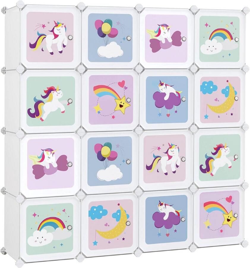 BOG Reksysteem Met 16 Kubussen Opbergkast Met Deuren Voor Kinderen Kleding En Schoenen Kunststof Steekrek Multifunctioneel Voor Speelgoed En Accessoires 123 x 31 x 123 Cm Wit