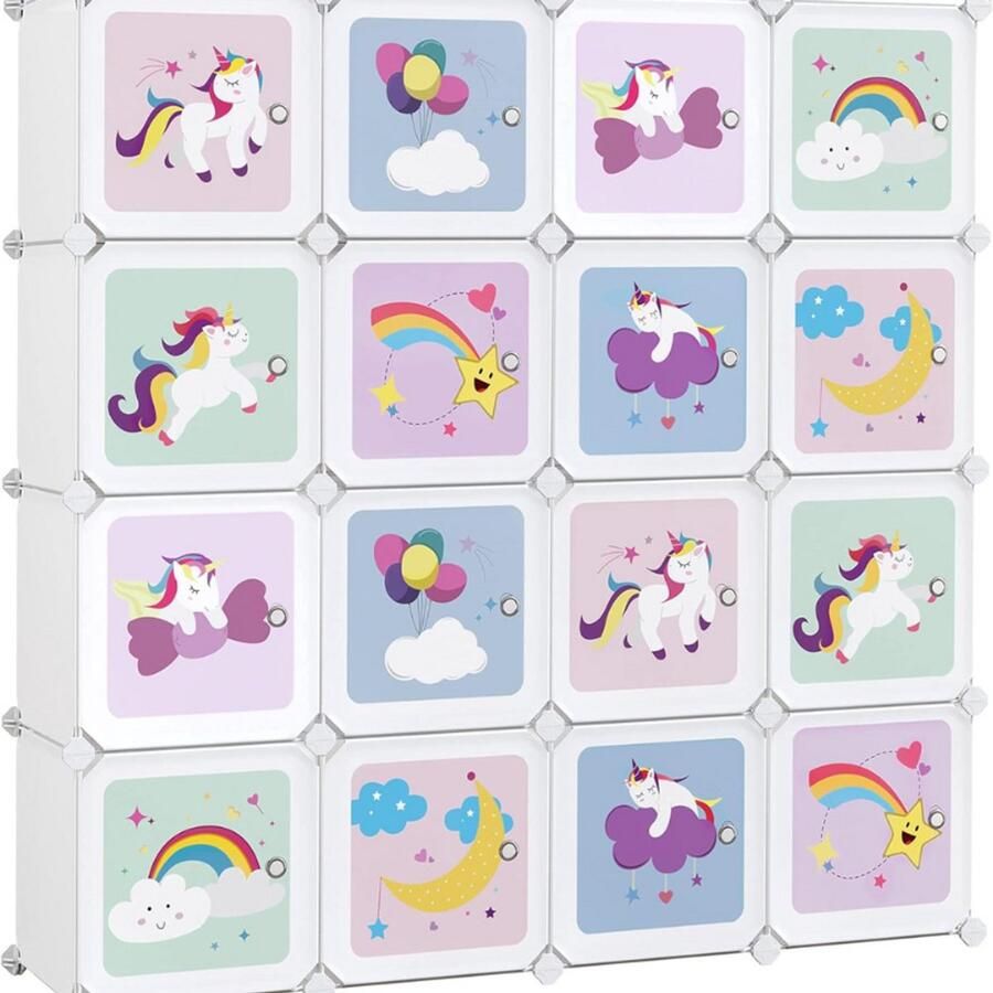 BOG Reksysteem Met 16 Kubussen Opbergkast Voor Kinderen Kledingkast Met Deuren Kunststof Schoenenrek Steekrek Multifunctionele Kast Voor Schoenen En Speelgoed 123x31x123 cm Wit