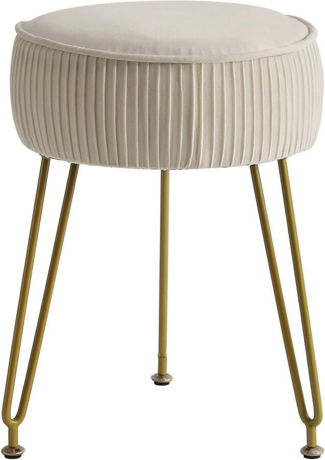 BOG Rond Fluwelen Voetenbankje In Crème-Wit – Luxe Poef & Make-Uptafelkruk Met Goudkleurige Stalen Poten