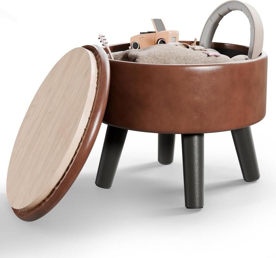 BOG Ronde Opbergkruk Met Deksel – Voetenbankje Met Houten Poten- Lederen Bekleding – Compacte Kruk Ø33x32 Cm Voor Woonkamer & Slaapkamer – Bruin