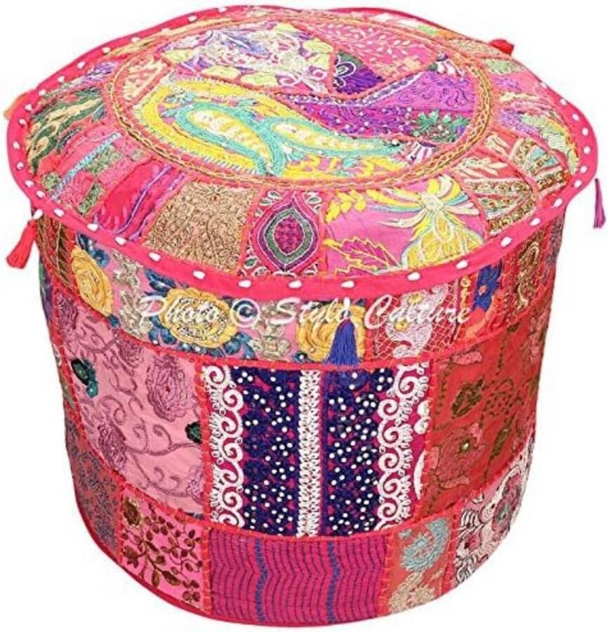 BOG Ronde Poefhoes 55 cm Vintage Roze Patchwork Ottomaanse Cover Geborduurd Katoen Vloerkussen Decoratieve Voetenbank Hoes Alleen Hoes