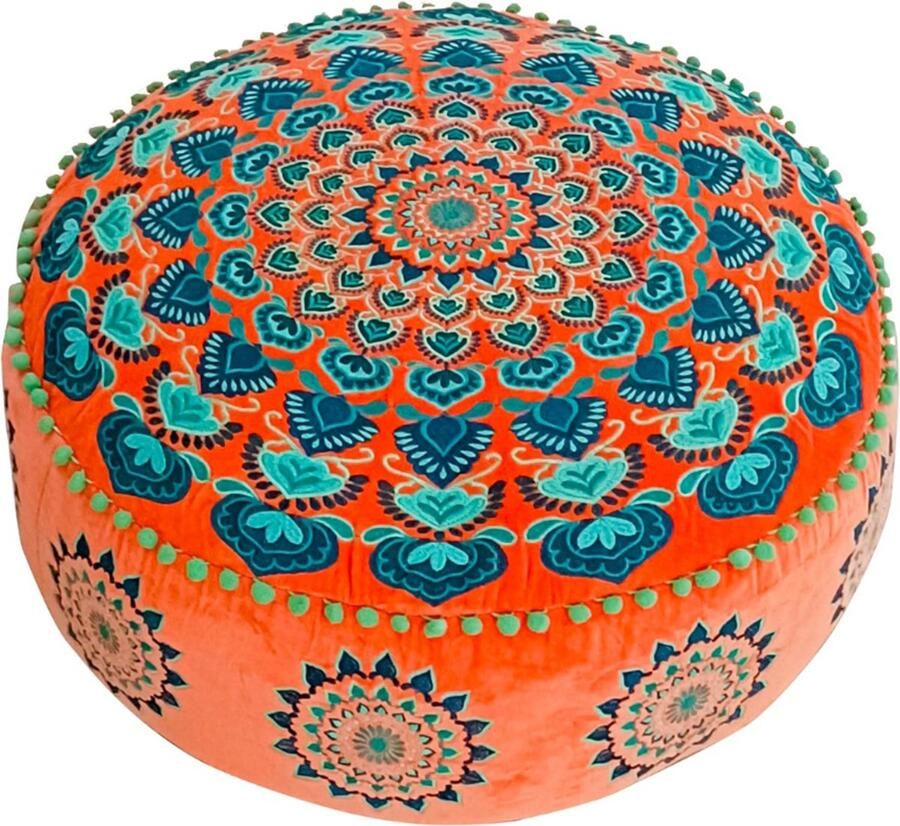 BOG Ronde Poefhoes 60 cm Oranje Fluwelen Geborduurde Poef Cover Marokkaans Design Vloerkussen Zachte Decoratieve Hoes Ideaal Voor Woonkamer Slaapkamer Meditatieruimte Alleen Hoes