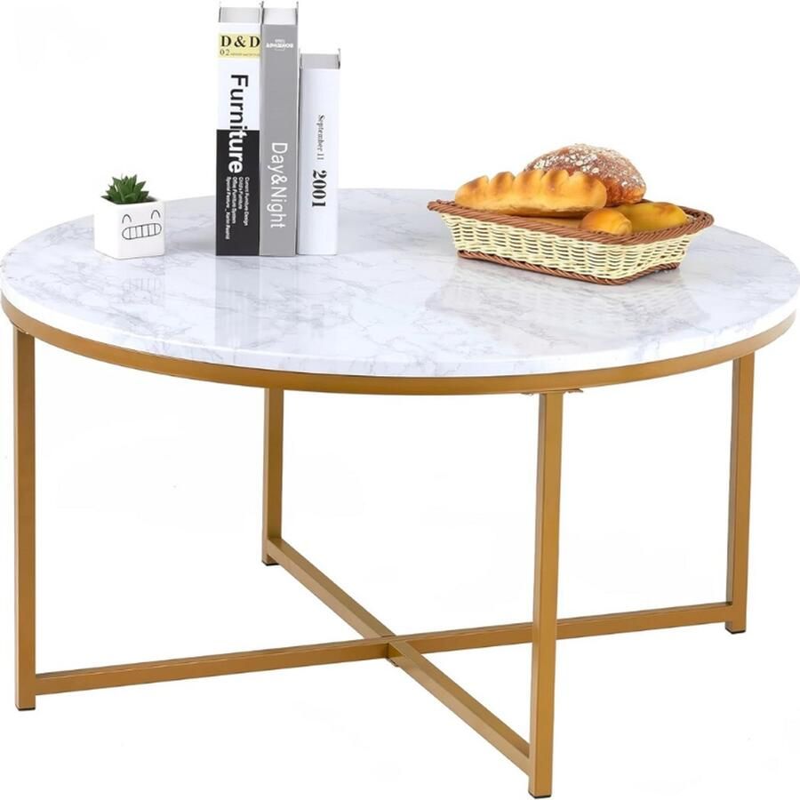 BOG Ronde Salontafel Faux Marmer Tafelblad Metalen Frame Moderne Woonkamertafel Bijzettafel Voor Kleine Ruimte Accenttafel Kantoor Eenvoudig Design