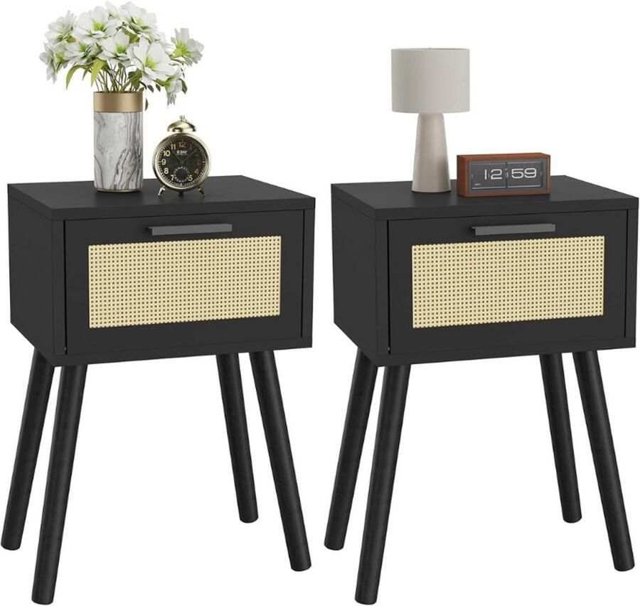 BOG Rotan Nachtkastje Set Van 2 Boho Bijzettafel Met Magneetlade Zwarte Kleur Massief Houten Poten 35x40x56 cm Koffietafel Voor Woonkamer-Slaapkamer-Kantoor