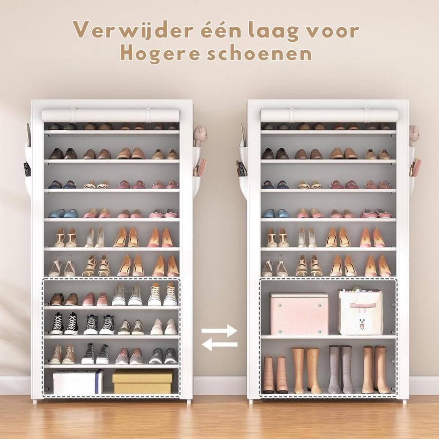 BOG Schoenenrek Met 11 Planken – Grote Schoenenkast Voor 50 Paar – Stofvrije Schoenenopslag Met Afdekhoes – Stevig Metalen Frame – Wit – Ideaal Voor Hal & Woonkamer