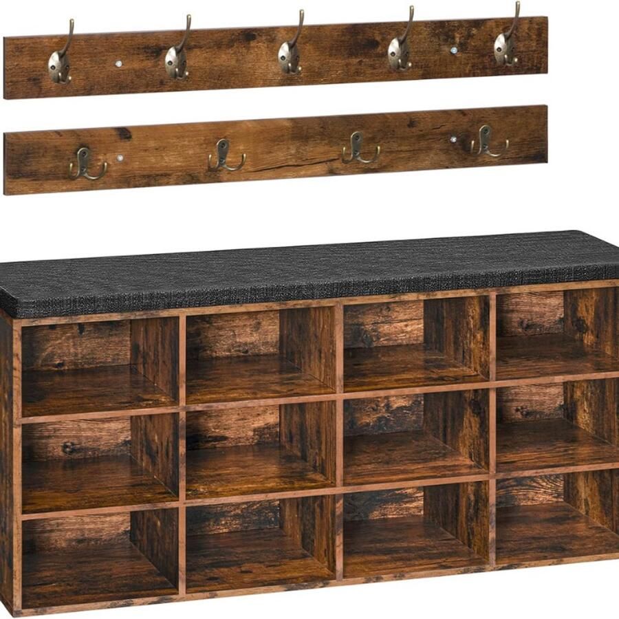 BOG Schoenopbergbank Met Kussen Halmeubel Met 12 Vakken Kapstok En Opbergkast Voor Entree Of Slaapkamer Geschikt Tot 350 Kg Rustiek Bruin