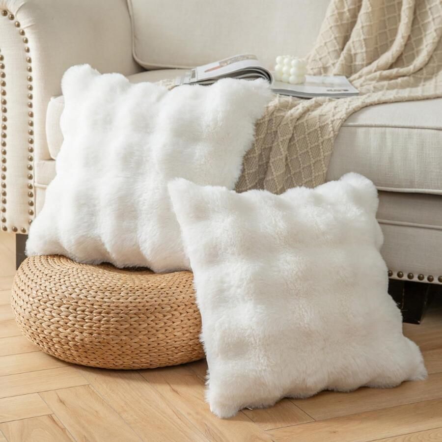 BOG Set Van 2 Crème Witte Kussenhoezen 50x50 Cm Dikke Zachte Wollook Decoratieve Kussenhoezen Pluche Fluffy Kussensloop Voor Bank En Slaapkamer