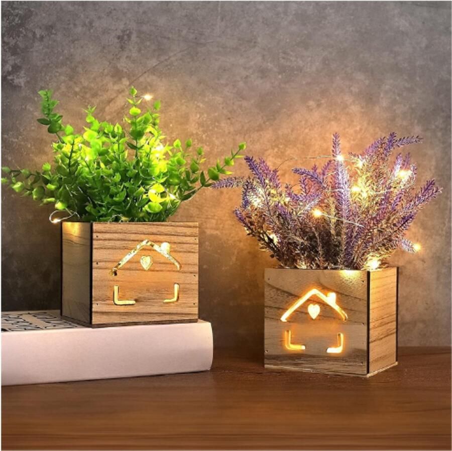 BOG Set Van 2 Kunstplanten Met LED Verlichting In Houten Box 11x9x26 Cm Kunstplanten In Pot Voor Woonkamer Kantoor Bureau Keuken Decoratie Valentijnsdag Moederdag