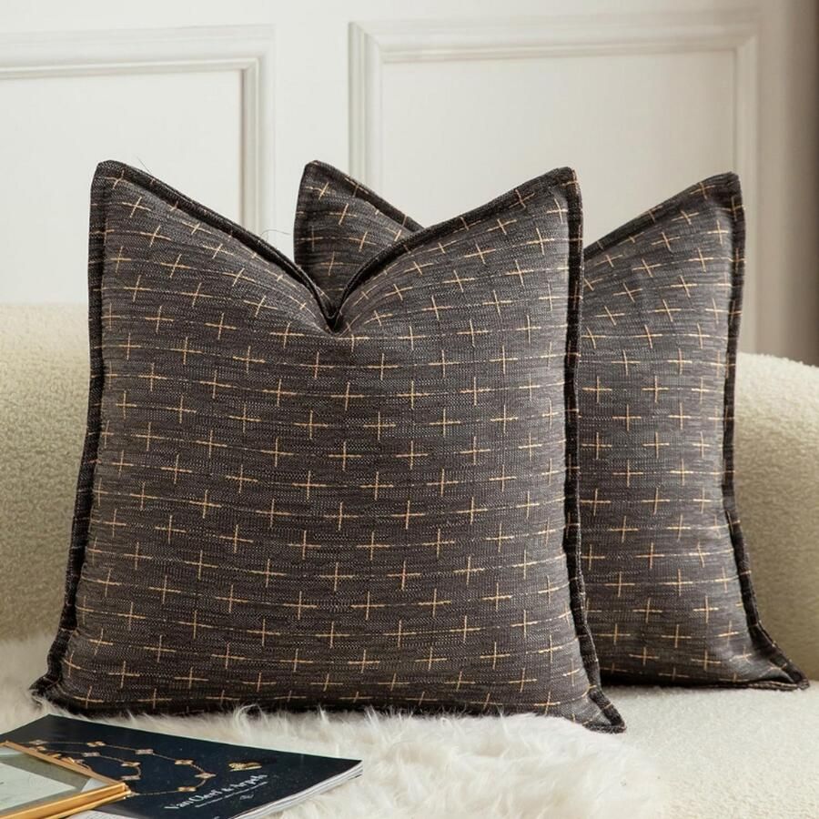 BOG Set Van 2 Kussenslopen 55x55 cm Donkergrijs Hennepdoek Geweven Textuur Moderne Boerderijstijl Decoratieve Kussenhoezen Voor Bank Bed Slaapkamer Woonkamer