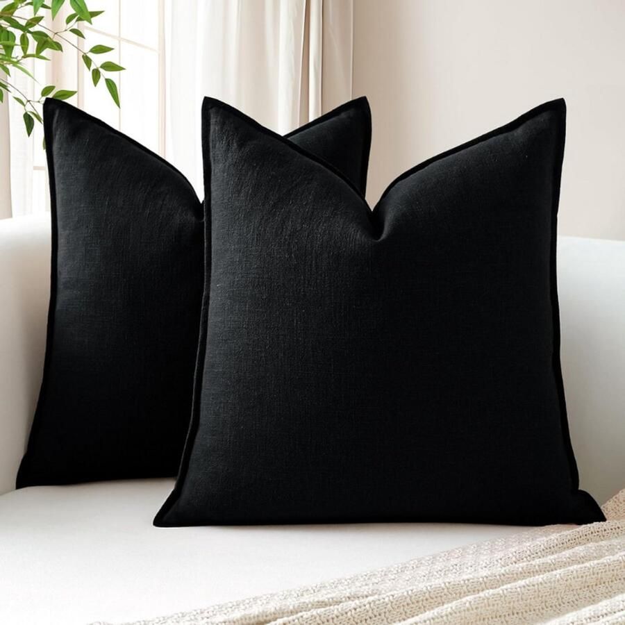 BOG Set Van 2 Linnen Kussenhoezen 60x60 Cm – Zwart – Zachte Boho Sierkussenslopen Voor Bank Stoel Slaapkamer En Woondecoratie – Effen Decoratieve Kussenovertrekken