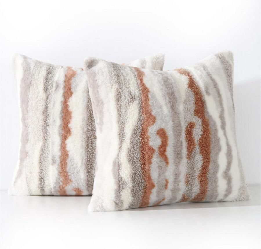 BOG Set Van 2 Pluche Zachte Nep Wol Sierkussenhoezen Decoratieve Kussenhoes Voor Bank Slaapkamer 60x60cm Oranje Taupe