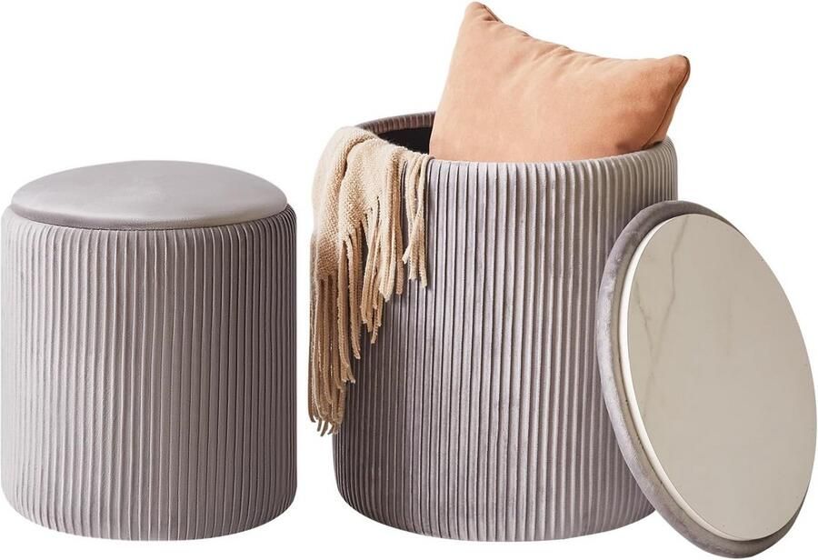 BOG Set Van 2 Ronde Fluwelen Opbergpoefs – Luxe Make-Upkruk & Multifunctionele Voetensteun Met Gewatteerde Zitting – Grijs – Voor Woonkamer & Slaapkamer