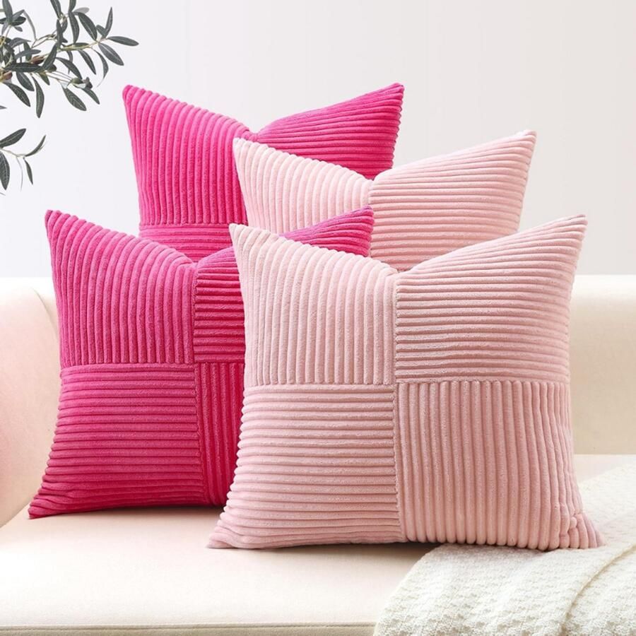 BOG Kussenhoezen 60x60 Cm Set Van 4 Roze Corduroy Kruis Strepen Patchwork Design Sierkussenhoezen Voor Bank Sofa Woonkamer Decoratie