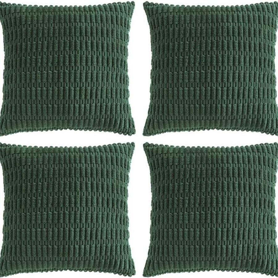 BOG Set Van 4 Kussenslopen 55x55 cm Donkergroen Corduroy Zachte Wollige Sierkussenhoezen Decoratieve Kussenhoezen Voor Bank Slaapkamer Woonkamer