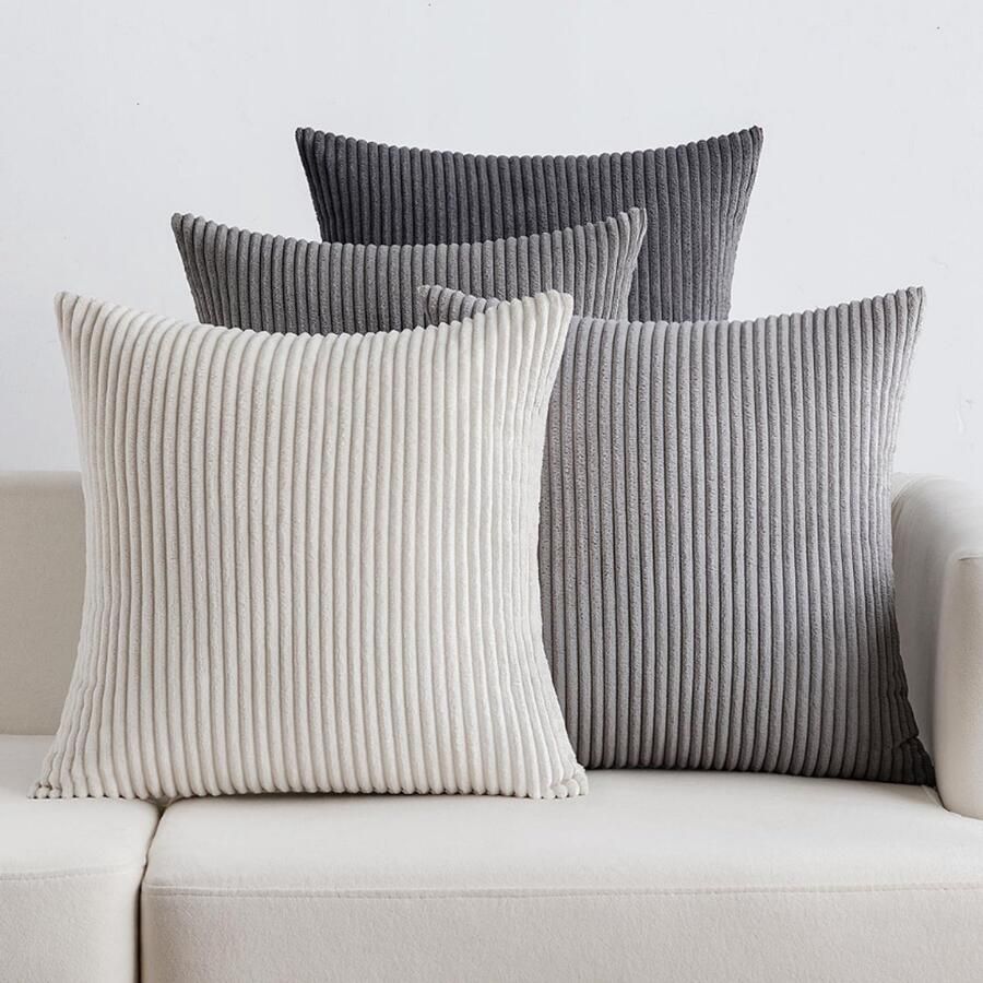 BOG Set Van 4 Ribfluwelen Sierkussenslopen 50X50 Cm Corduroy Kussenhoezen Zachte Decoratieve Kussenslopen Voor Bank Stoel Thuis Slaapkamer Donkergrijs Serie