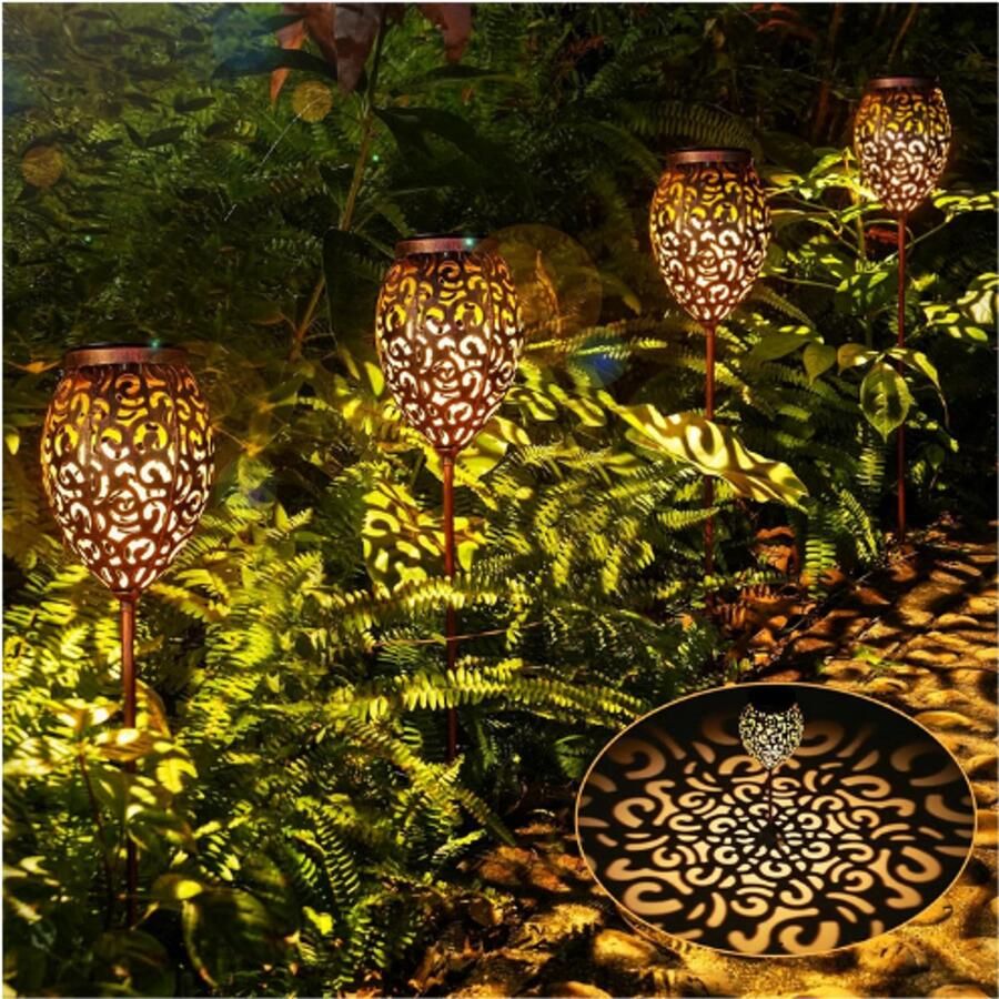 BOG Set Van 4 Zonnelampen Voor Buiten – Metalen Lampen IP65 Waterdicht LED Warmwit Licht Vintage Stijl Tuindecoratie Voor Pad Terras Gazon Kerstmis – Energieklasse A