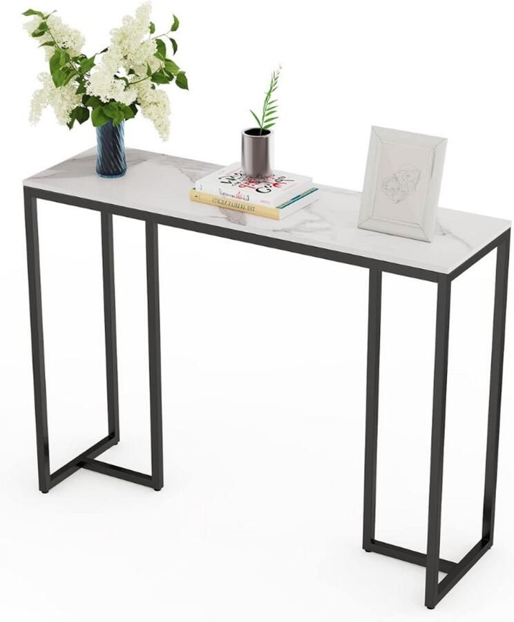 BOG Slanke Consoletafel 100 Cm Wit Marmeren Effect Hoogglans Bureau Met Zwarte Poot Smalle Moderne Bank Bijzettafel Voor Woonkamer En Gang