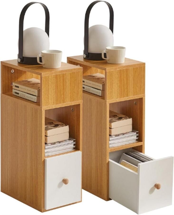 BOG Slimme Nachtkastjes Set Van 2 – Smal Klein Nachtkastje Met 2 Open Compartimenten En 1 Lade – Ruimtebesparende Houten Bijzettafel Voor Slaapkamer Of Woonkamer – Naturel – WNS006N-2