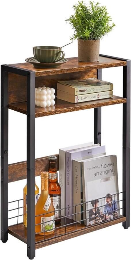 BOG Smalle Bijzettafel Met Opbergplank 3 Niveaus Nachtkastje Met Tijdschriftenrek Telefoontafel Voor Kleine Ruimtes Voor Woonkamer Slaapkamer Bank Bruin