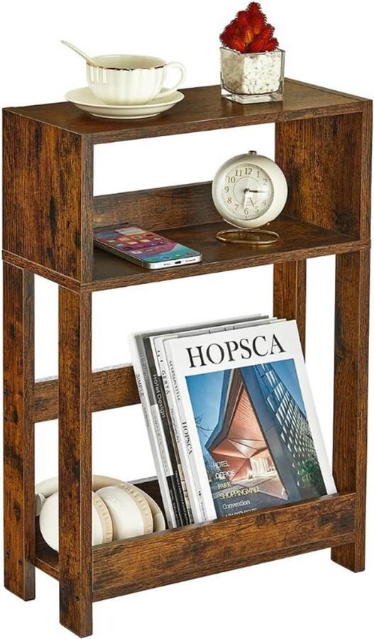BOG Smalle Bijzettafel Rustiek Bruin Slank Nachtkastje Met 3 Lagen Compacte Banktafel Met Opbergplank Voor Kleine Ruimtes In Woonkamer En Slaapkamer