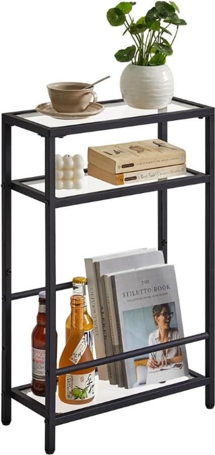 BOG Smalle Bijzettafel Zwart Moderne Banktafel Met 3 Niveaus Slank Nachtkastje Telefoontafel Met Opbergplank Compact Tafelmeubel Voor Kleine Ruimtes Woonkamer En Slaapkamer