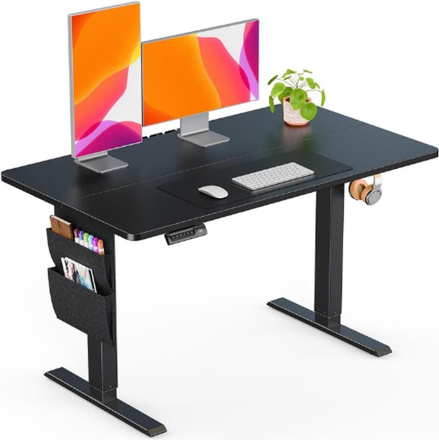 BOG Stabureau 100 x 60 Cm In Hoogte Verstelbaar Elektrisch Sta-Bureau Ondersteunt Tot 80 Kg Met Opbergtas Zit-Sta Verstelbaar Bureau Met Rugzakhaak En Geheugen Slim Paneel Voor Thuiskantoor